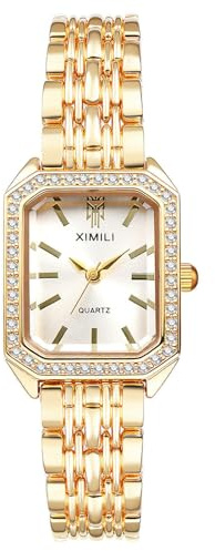 JewelryWe Damenuhr Kleine Rechteckige Uhren Glitzer Strass Analog Quarz Armbanduhr Damen Gold Schmales Metallarmband Elegante Uhr mit Eckigem Zifferblatt