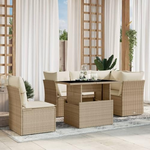QJBSAVVA 6-TLG Gartenlounge Beige Poly Rattan 100x55 cm höhenverstellbarer Tisch modulare Eckbank für Balkon Terrasse Sitzgruppe Outdoor Robustes Material für Gartenmöbel