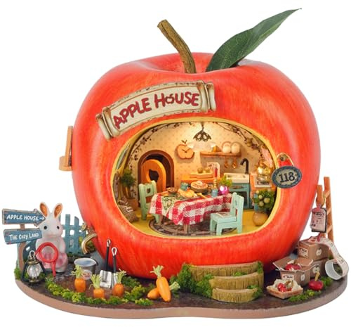 Puppenhaus aus Holz, kreative Regaldekoration, DIY Puppenhaus Kit mit LED-Beleuchtung, 3D-Modell, kreative Geschenke für Freunde und Verwandte (Apfel)