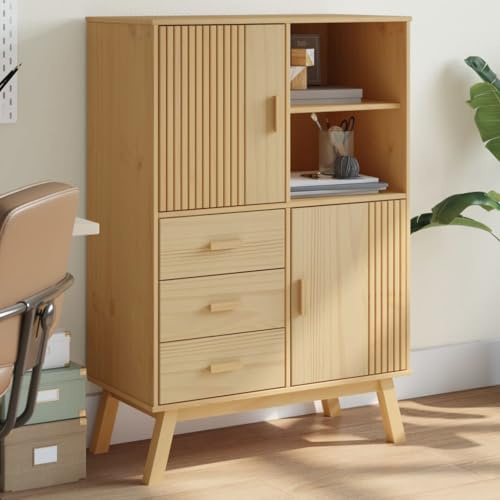 ChicAbode Highboard Olden Braun 85x43x125 cm Massivholz Kiefer Kommode Beistellschrank Mehrzweckschrank Anrichte Schrank Schubladenschrank A254