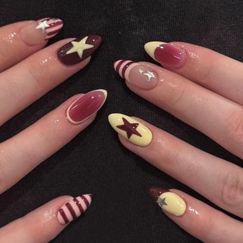 Celblisora Lot de 24 faux ongles en forme d'amande - Jolies étoiles - Style Y2K - À coller - Pour manucure