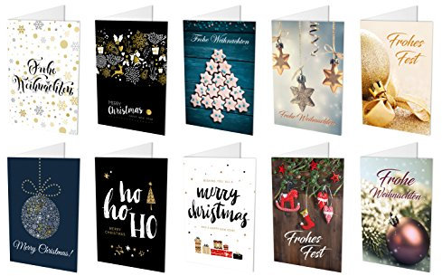 10 Weihnachtskarten (10 unterschiedliche Motive Klappkarten) + 10 hochwertige, haftklebende Umschläge, Frohe Weihnachten, Frohes Fest, Merry Christmas (10)