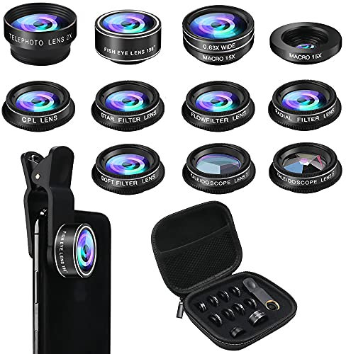 Handy-Kamera-Objektiv-Set, 11-in-1 Handy-Objektiv-Set für iPhone und Android, 0,63 x Weitwinkel, 15 x Makro, 198 ° Fischauge, Teleobjektiv, CPL, Fluss, Radial, Sterne, Softfilter, Kaleidoskop-Objektiv