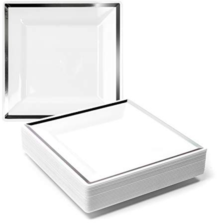 MATANA 20 Weiße Dessertteller aus Plastik mit Silbernem Rand für Hochzeiten, Geburtstage, Taufen, Weihnachten & Partys (Eckig), 16,5cm - Mehrweg & Stabil