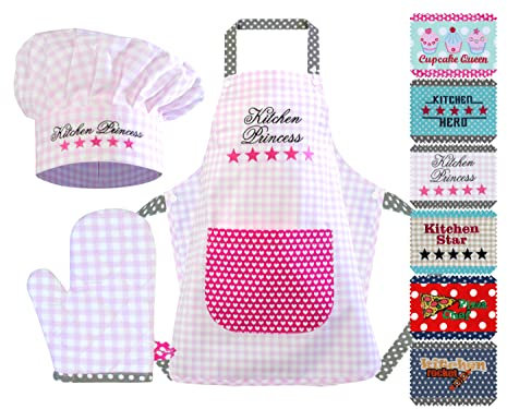Emily´s Check Kochmütze + Küchenschürze + Topfhandschuh für Kinder - 3teiliges Set 1428.2002, Kitchen Princess, Medium [7-12 Jahre]