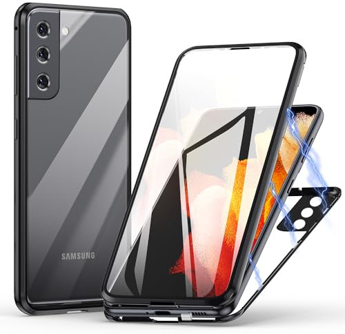 Hülle für Samsung Galaxy S21 5G, Magnetische Adsorption Handyhülle 360 Grad Schutz Aluminiumrahmen mit Gehärtetes Glas, Starke Magneten Stoßfest Metall Flip Case Cover - schwarz