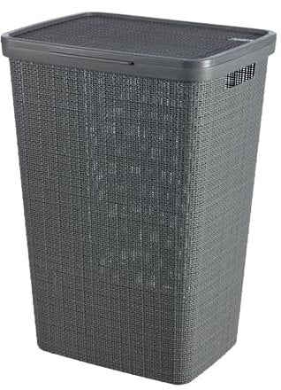 Curver Wäschekorb Jute 58 l – schmutziger Wäschekorb mit Deckel – Gute Belüftung – ergonomische Griffe – für Badezimmer oder Waschküche – 70% recycelt – 43 x 34 x 58,2 cm – Grau