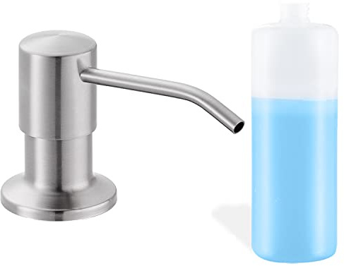 Built in Soap Dispenser for Kitchen Sink, Brushed Nickel Stainless Steel Countertop Pump Head (Plastic Built-in), Dish Soap Hand Lotion Dispenser with Refillable 17OZ Bottle