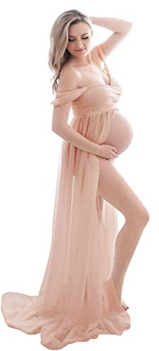 FEOYA-Ete Maternite Sexy Elegant Traînant Longue Robe Femmes Enceintes Accessoires de Photographie Fendu Devant Maxi Robe Hors Epaule pour Seance Photo en Mousseline de Soie Dentelle Dos,M,Rose