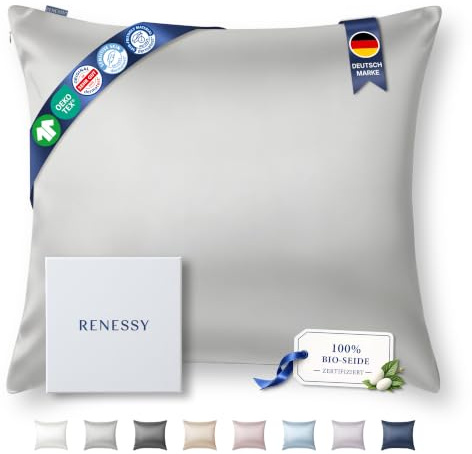 RENESSY Premium Silk Pillowcase 100% Organic Mulberry Silk, 22 Momme, Grade 6A - Oeko-Tex Certified in Germany - Luxury for Hair & Skin, 1 Piece (65x65 cm, Light Grey)