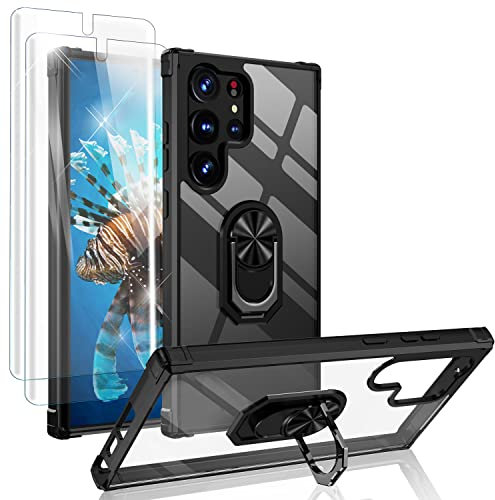 NALIA Set [3-in-1] kompatibel mit Samsung Galaxy S23 Ultra Hülle, [1x Klare Ringhülle & 2X Displayschutz] Transparent Anti-Gelb Stoßfest, 360° Drehbarer Ring, Harte Rückseite & Silikon-Rahmen Schwarz