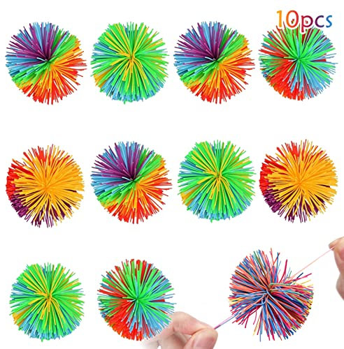 ENAIAH 10 Stücke AFFE Stringy Balls Regenbogen Bunt Pom Ball Zum Stressabbau Wuschelball Silikon Strähniger Ball Bouncy Stress Balls Flauschiger Jugging Ball Sensorische Bälle Spielzeug