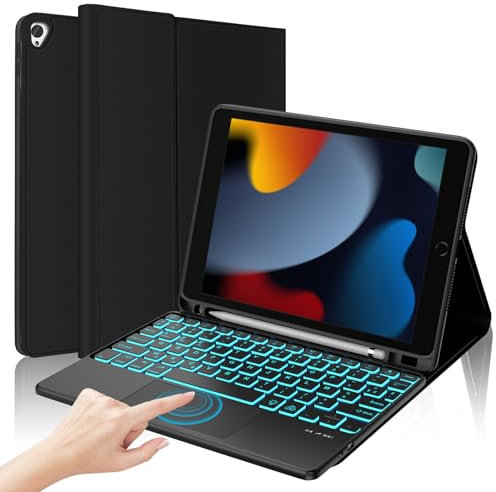 AVNICUD Clavier pour iPad 10.2 9ème/8ème/7ème Génération, Air 3, Pro 10.5 - Coque avec Pavé Tactile, 7 Couleurs de Rétroéclairage, AZERTY Français, Bluetooth Amovible, Noir