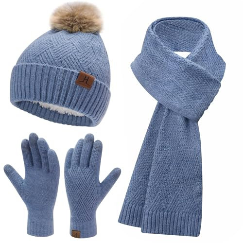 Bequemer Laden Damen Winter Warm Mütze Touchscreen Handschuhe und Lang Schal Set mit Dick Fleece Gefütterte, Thermo Wintermütze Strickmütze Beanie Schals Winterhandschuhe Strickhandschuhe, Denim Blau