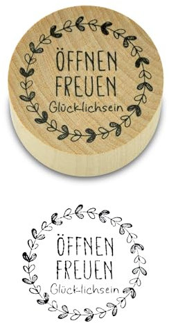 Frau WUNDERVoll® Stempel - ÖFFNEN FREUEN GLÜCKLICHSEIN - Holz, Schrift-/ Motivgröße: Ø 3,5cm / Weihnachten, Adventskalender, Handstempel, Motivstempel, Dekostempel, Geschenke, Hochzeit, Gastgeschenk