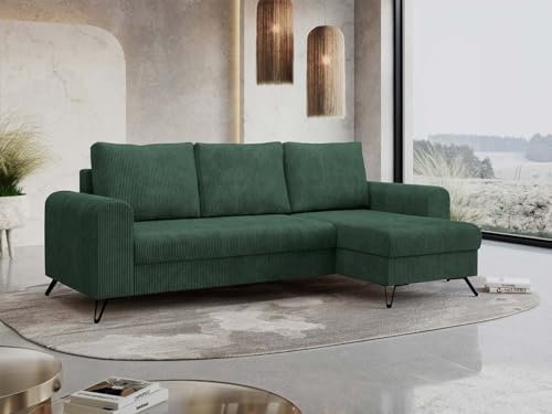 MKS MEBLE Cord Ecksofa - L-Form Sofa Mit Schlaffunktion und Bettkasten - Wohnlandschaft L Form, Schlafsofa, Couch - Grün Hugo