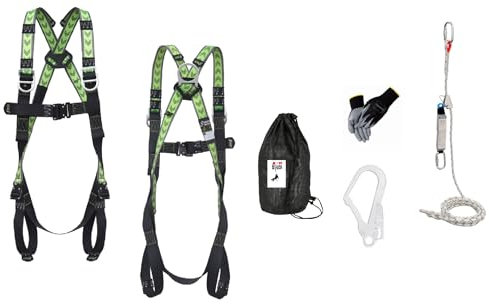 Generisch PREMIUM SET 3 Punkt Auffanggurt mit Schnellverschlüssen inkl. 10m Seil inkl. mitlaufende Auffanggerät und Bandfalldämpfer, Gerüstkarabiner, Fallschutz, Absturzsicherung
