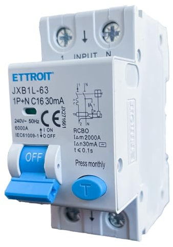 ZOREI Interruttore Magnetotermico Differenziale, 1P+N 6KA 30mA 220V, Occupa 2 Moduli DIN (1P+N 16A 6KA 30mA)