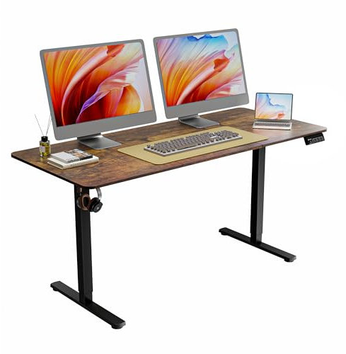 ERGOMAKER Electric Standing Desk 160x70cm, Height Adjustable Standing Desk with Splice Board, Stand Up Desk with Hook and Memory Smart Handset(Black Frame + Rustic Brown Desktop)