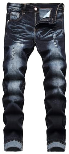 JENY-LUCK Men's Stretch Skinny Jeans Slim Fit Distressed Tapered Leg Stretch Biker Denim Pants Men's Ripped Slim Fit Skinny Destroyed Distressed Straight Leg Jeans
