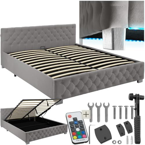 tectake® Chesterfield Schlafzimmer Bett mit Bettkasten, Polsterbett, Bett mit Stauraum, Doppelbett, Jugendbett, King Size Bed, Schlafbett, Gaming Bett mit LED, dunkelgrau, 180 x 200 cm