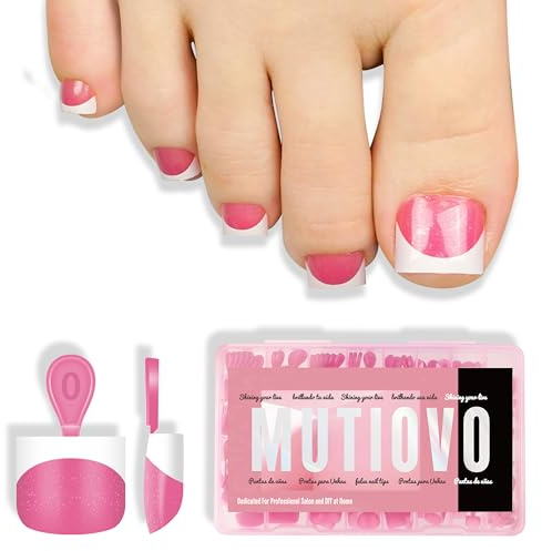 MUTIOVO Extra Short Toe Nail White French Tip ROSE PINK,Soft Gel False Toenail Extension Kit,Thick Sharp Square Press On,Need Builder Gel & Apply Top Coat, No Glue included,for DIY x16 Sizes 224 pcs