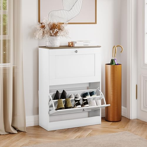 Vida Designs Altino 2 Drawer Shoe Cabinet | White & Oak | Space-Saving Storage for 10+ Pairs | 80H x 58W x 23.5D cm | Anti-Tip | Modern Hallway Unit