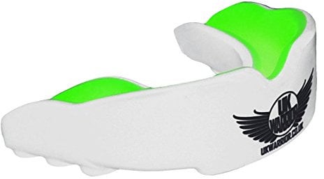 UK Warrior Gum Shield Mouth Guard Gum Guard - Ideal For Contact Sports, Martial Arts, Karate, Rugby, MMA, Boxing, Hockey, Football - Carry Case - Instructions For Boil & Bite (White & Green, Senior)