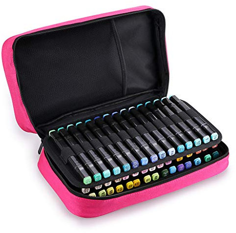 BTSKY Kunstmarker-Tragetasche, Lippenstift-Organizer, 60 Fächer, Leinwand, Reißverschluss, Marker, Aufbewahrung für Prismacolor Touch Spectrum Noir Paint Sharpie Marker, nur Leere Brieftasche (Rosa)