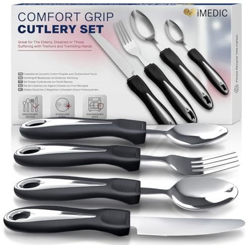 iMedic - Comfort Grips Cutlery - Disability Eating Aids - Great for The Elderly, Disabled or Those Suffering with Tremors and Trembling Hands - Ergonomic, Contoured Design - (1x Set, Silver/Black)