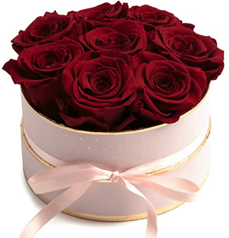 Rosenbox rosa rund Infinity Rosen - Flowerbox 8 echte Rosen haltbar 3 Jahre Durchmesser 15 cm - Geschenk für Frauen (Rosa -Dunkelrot)
