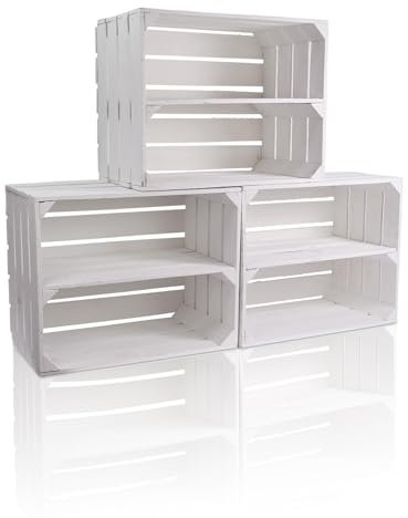 CHICCIE 3 Set Vintage Holzkiste Weiß 50x40x30cm Langes Regal - Schuhregal Weinkisten ObstkistenHolzkisten Kisten Regale