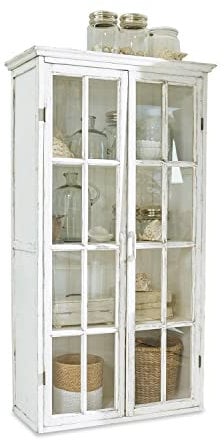 Loberon Schrank Keanu, charmanter Used-Look, Vintage-Charakter, Vitrinenschrank, Aufbewahrung, Kiefernholz, Glas, antikweiß