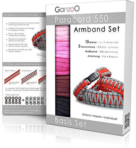 Ganzoo Paracord 550 Armband Set selbst knüpfen, Bastelset, Knüpfset, DIY Bracelet mit Klickverschlüssen und Anleitung, Lanyard, Armband selber Machen aus Parachute Cord, Farbe: Princess