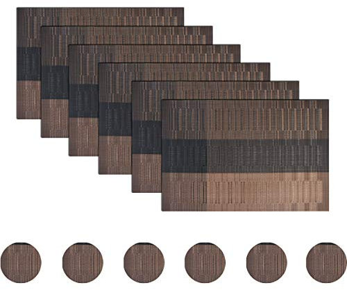 BECHEN Placemats with Coasters Set of 6, Vinyl Heat-Resistant Table Mats Washable Plastic Kitchen Placemats for Dining Table Indoor Outdoor (45x30 cm, Brown)
