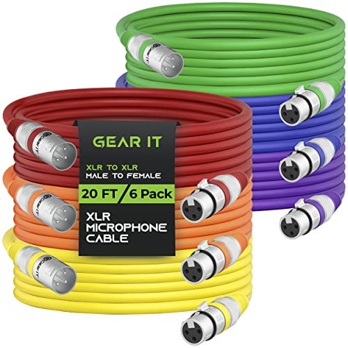 GearIT 20Ft XLR Male to Female Mic Cable - 6 Pack, Balanced Shielded, Multi Colored, Recording Studio, Podcast