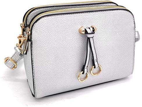 Eliox, kleine Damen-Umhängetasche mit 3 geräumigen Fächern, Handtasche aus PU-Kunstleder, modische Schultertasche, silber / schwarz, Einheitsgröße