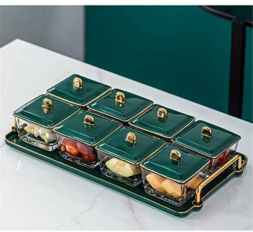Fruit Plate Glass with lid, Kitchen Plate Kitchen Flow Tray for Snacks and Transparent Bowls Ideal for Mixed Walnuts Strawberry Olives Nachos and More,Green,8 Dishes