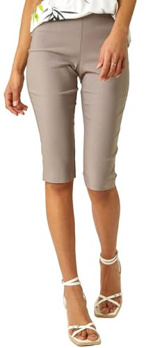 Roman Originals Knee Length Shorts for Women UK - Ladies Cropped Capri Stretch Bengaline Pants Crop Trousers Summer Legging Lounge Essentials Elasticated Casual Clothes - Taupe - Size 12
