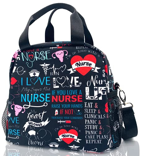 Nurse Lunch Bag Insulated Lunch Box Small Lunch Tote Bags with Water ​Bottle Holder, Adjustable & Removable Shoulder Strap Lunch Box for Women Men