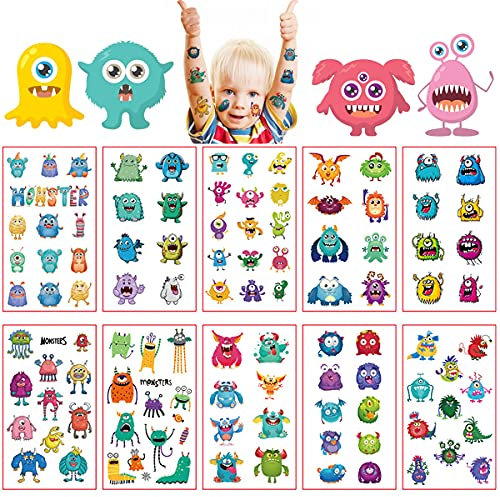 Tslinc Tattoo Kinder Monster Tattoos Set, 10 Blätter Kindertattoos Kinder/Jungen/Mädchen Cool Tiere Hautfreundlich Temporäre, Aufkleber für Kindergeburtstag Mitgebsel, Party (Monster)