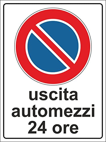 Pubblimania USCITA AUTOMEZZI DIVIETO DI SOSTA Cartello in Alluminio composito per esterno - interno, metallo resistente spessore 3 mm (Cm 20x30)