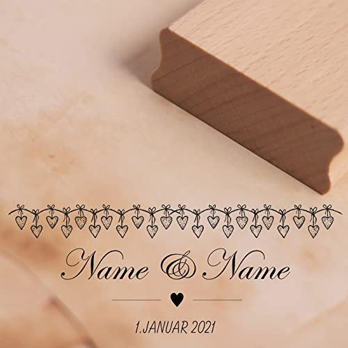 Herzen Motivstempel Hochzeit Namen und Datum Herzleine - Stempel personalisiert Hochzeitsstempel - 98 x 38 mm