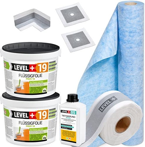 Dichtset Flüssigfolie 8Kg Auf Holz Fliesen, 1 Innenecke, 2 Wandmanschetten, 5m Dichtband, Tiefengrund Abdichtungsset Dusche Bad Küche SET506