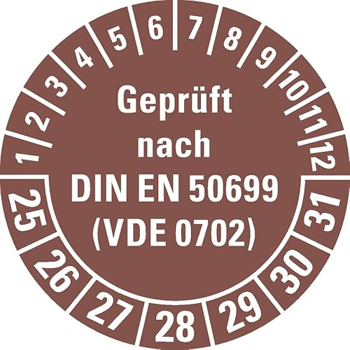 Dreifke® Prüfplakette geprüft nach DIN EN 50699(VDE 0702) 25-31, braun, Dokumentenfolie, Ø 30mm, 18 St/Bogen