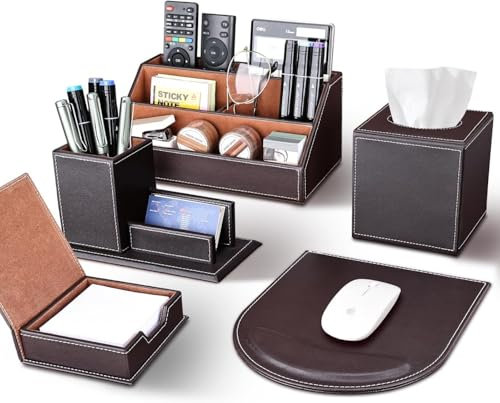 KINGFOM Büro Zubehör Set Braun, 5Pcs PU Leder Schreibtisch Set mit Schreibtisch Organizer, Kosmetiktücherbox, Mauspad, Stifthalter mit Visitenkartenetui und Zettelbox (T50K-Braun)