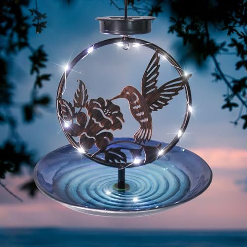 MUMTOP Vogeltränke zum Aufhängen, Vogeltränke für den Außenbereich, 27,9 cm, Glas, Solar-Vogeltränke, Vogeltränke mit LED-Lichtern und Metall-Kolibri für Garten- und Terrassendekoration