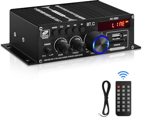 Bluetooth 5.0 Audio Power Amplifier AK-380 400W+400W 2.0 CH HiFi Stereo Amp Receiver with USB,SD,AUX,Remote Control,FM Antenna for Car Home Speaker Car Bar Party-Without Adapter