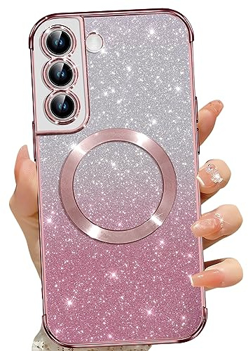 Phoona für Samsung Galaxy S22 Hülle, Magnetisch Handyhülle Kompatibel mit MagSafe, Keine Vergilbung, Kratzfeste, Ganzkörperschutz Glitzer Hülle für Samsung Galaxy S22 5G, Mit 2 Schutzfolie, Rosa