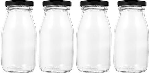 BESTonZON Reusable Glass Milk Bottles Small Juice Beverage Jar, 4pcs 200ml Drinking Bottles with Screw On Lids Breakfast Shake Container for Maple Syrup Jam Milk Juice Yogurt Smoothies